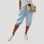Women Linen Knee Length Shorts Drawstring Loose Fit Casual