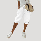 Women Linen Knee Length Shorts Drawstring Loose Fit Casual