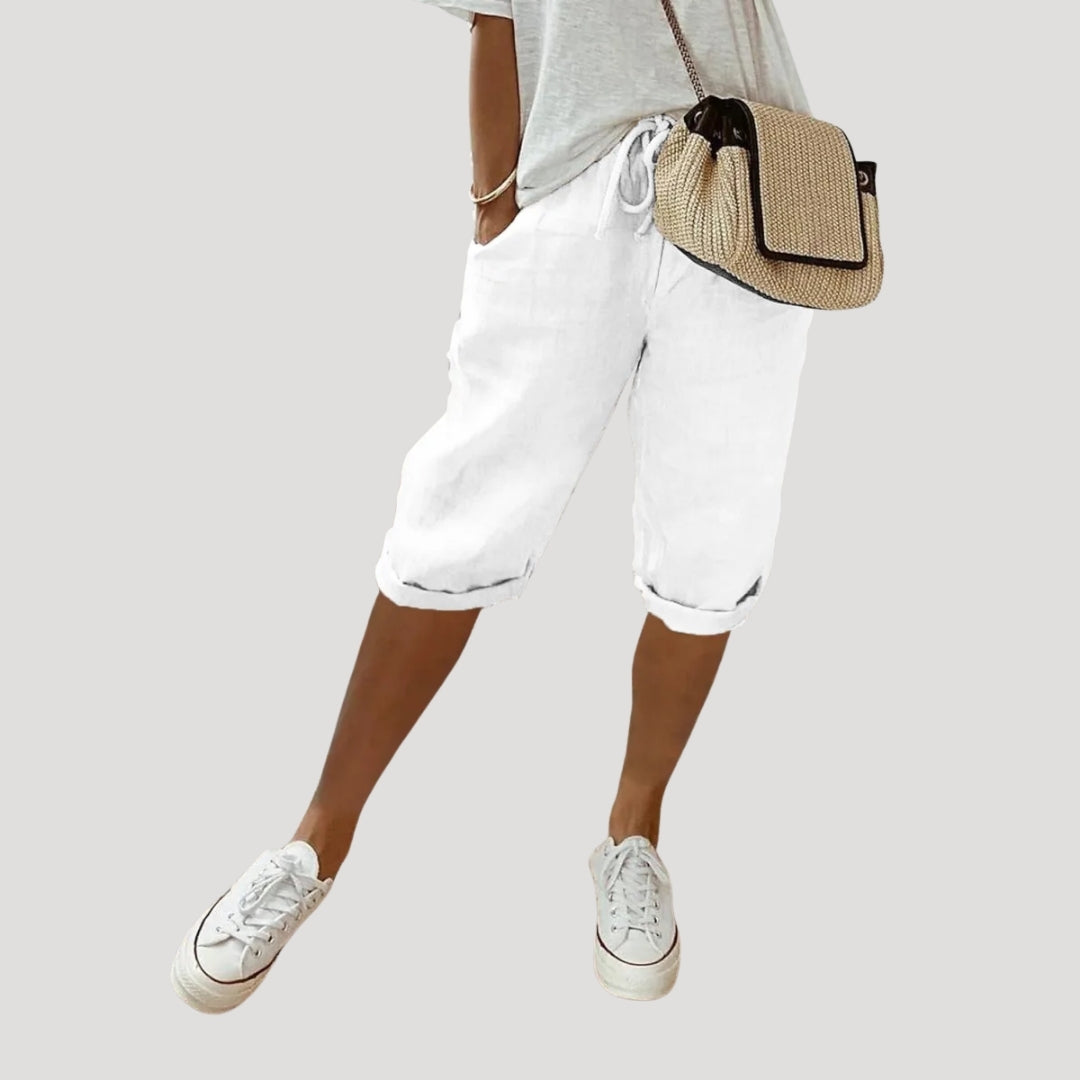 Women Linen Knee Length Shorts Drawstring Loose Fit Casual
