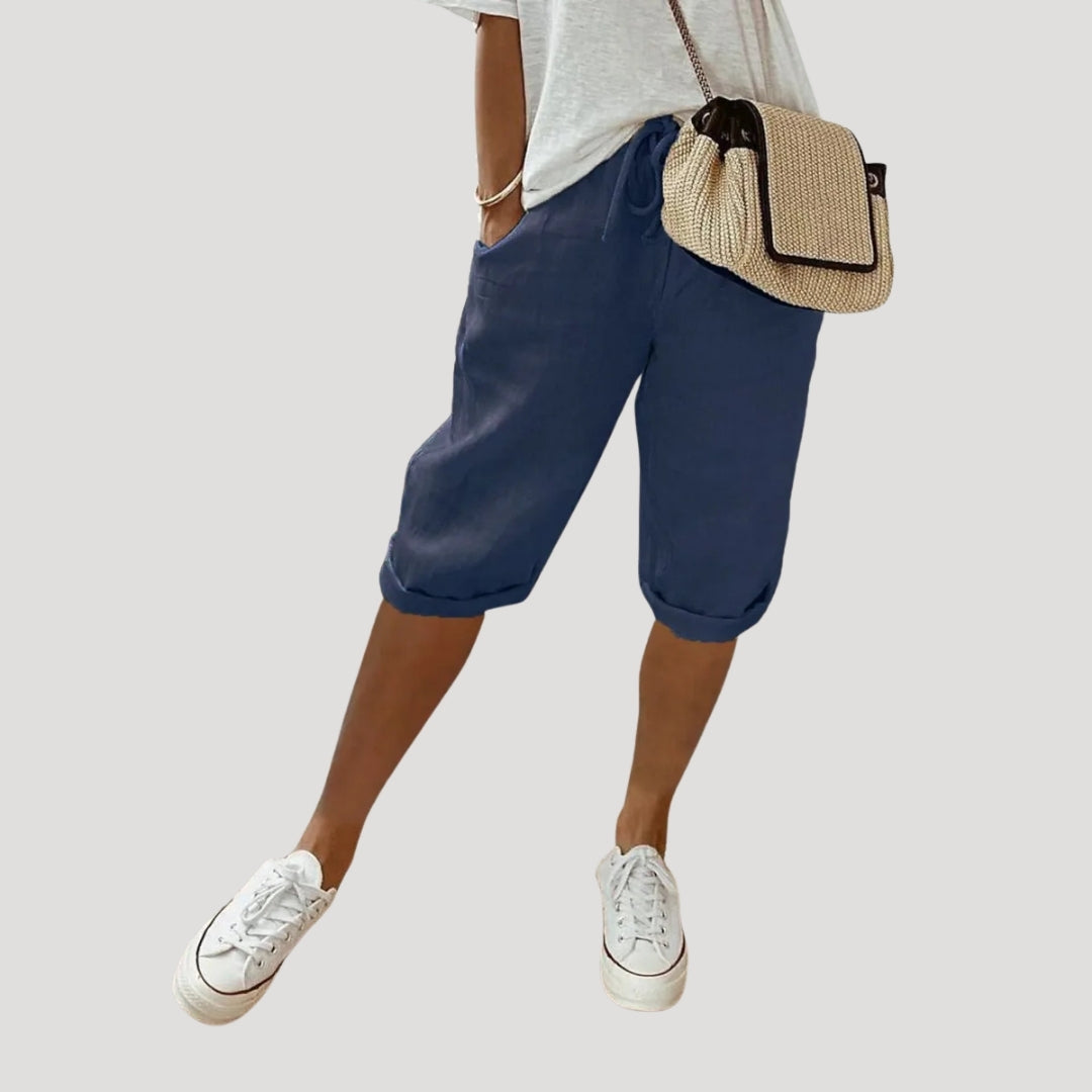 Women Linen Knee Length Shorts Drawstring Loose Fit Casual