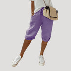 Women Linen Knee Length Shorts Drawstring Loose Fit Casual