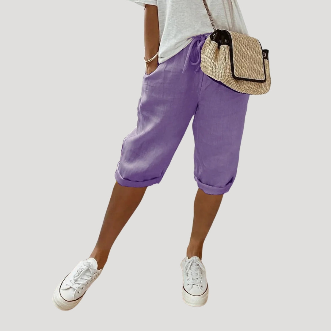 Women Linen Knee Length Shorts Drawstring Loose Fit Casual