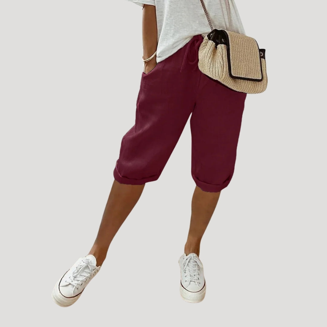 Women Linen Knee Length Shorts Drawstring Loose Fit Casual