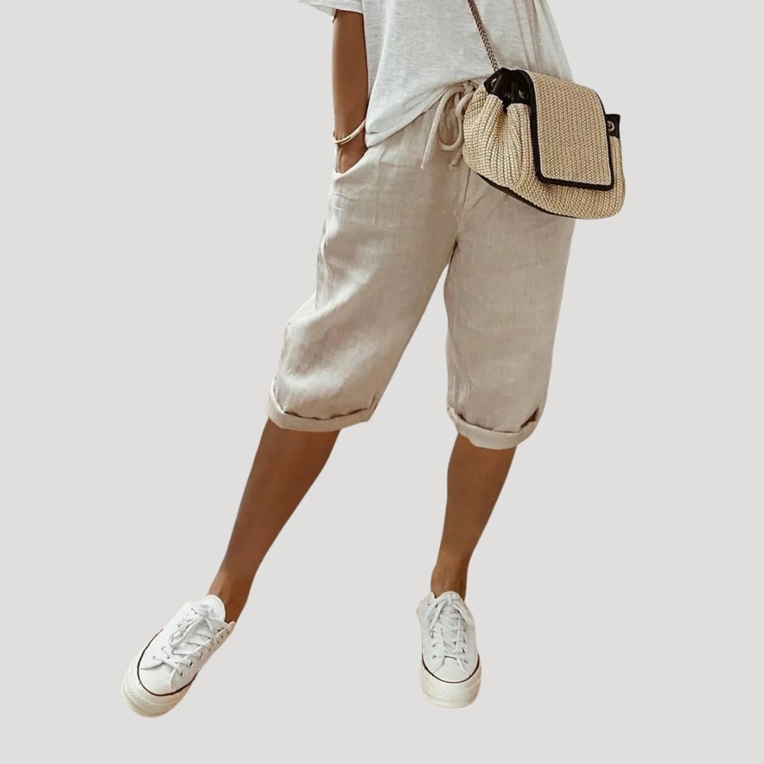 Women Linen Knee Length Shorts Drawstring Loose Fit Casual