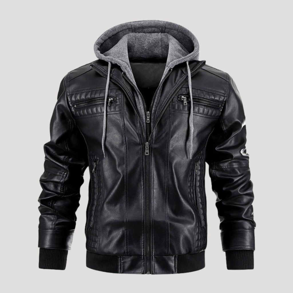 Men’s Hooded Bomber Jacket Zip Front Leather Look