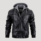 Men’s Hooded Bomber Jacket Zip Front Leather Look