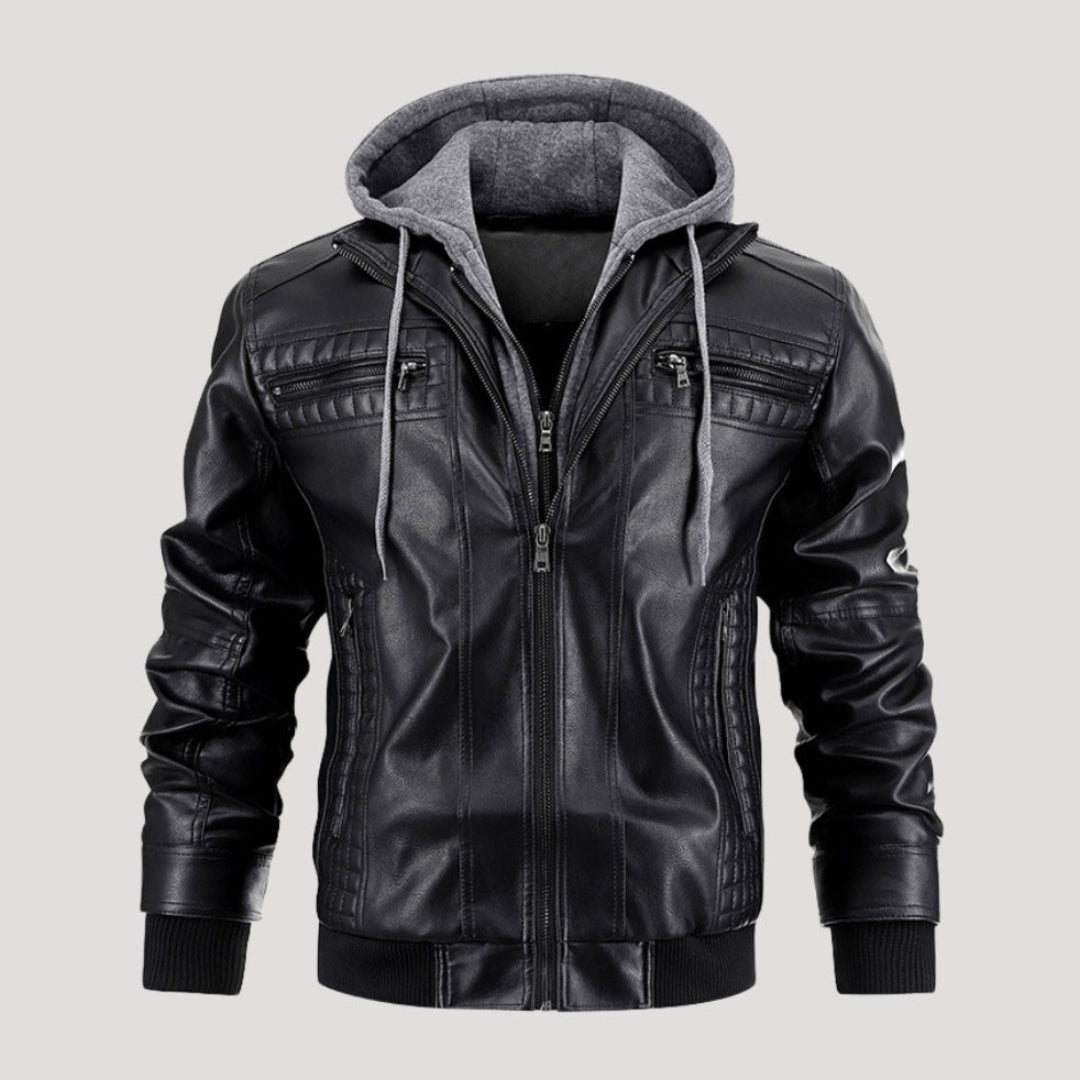 Men’s Hooded Bomber Jacket Zip Front Leather Look