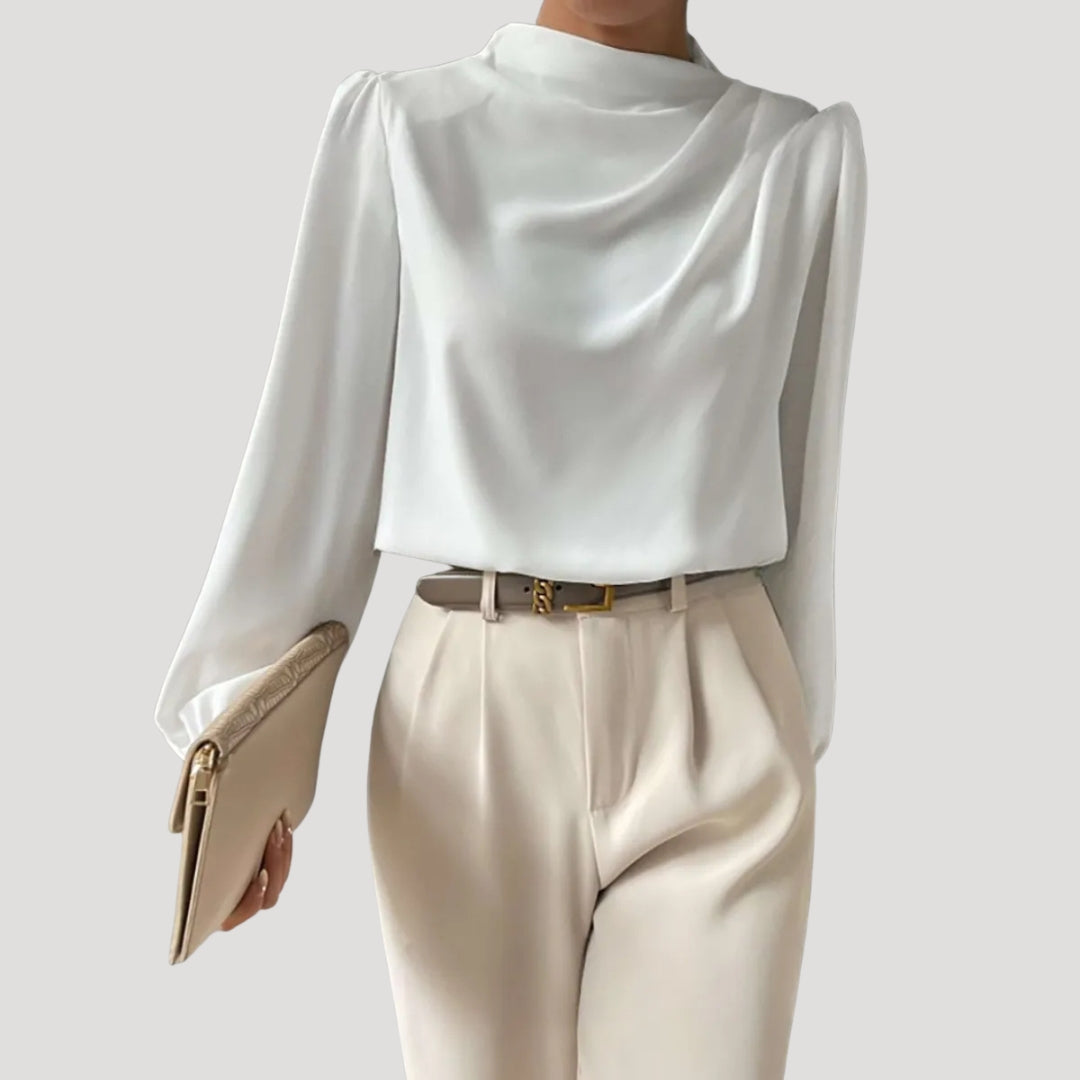 Women’s Draped Blouse High Neck Long Sleeve Elegant Top