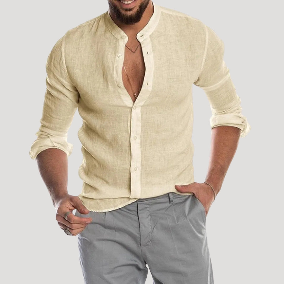 Men’s Linen Shirt Long Sleeve Button Henley Top