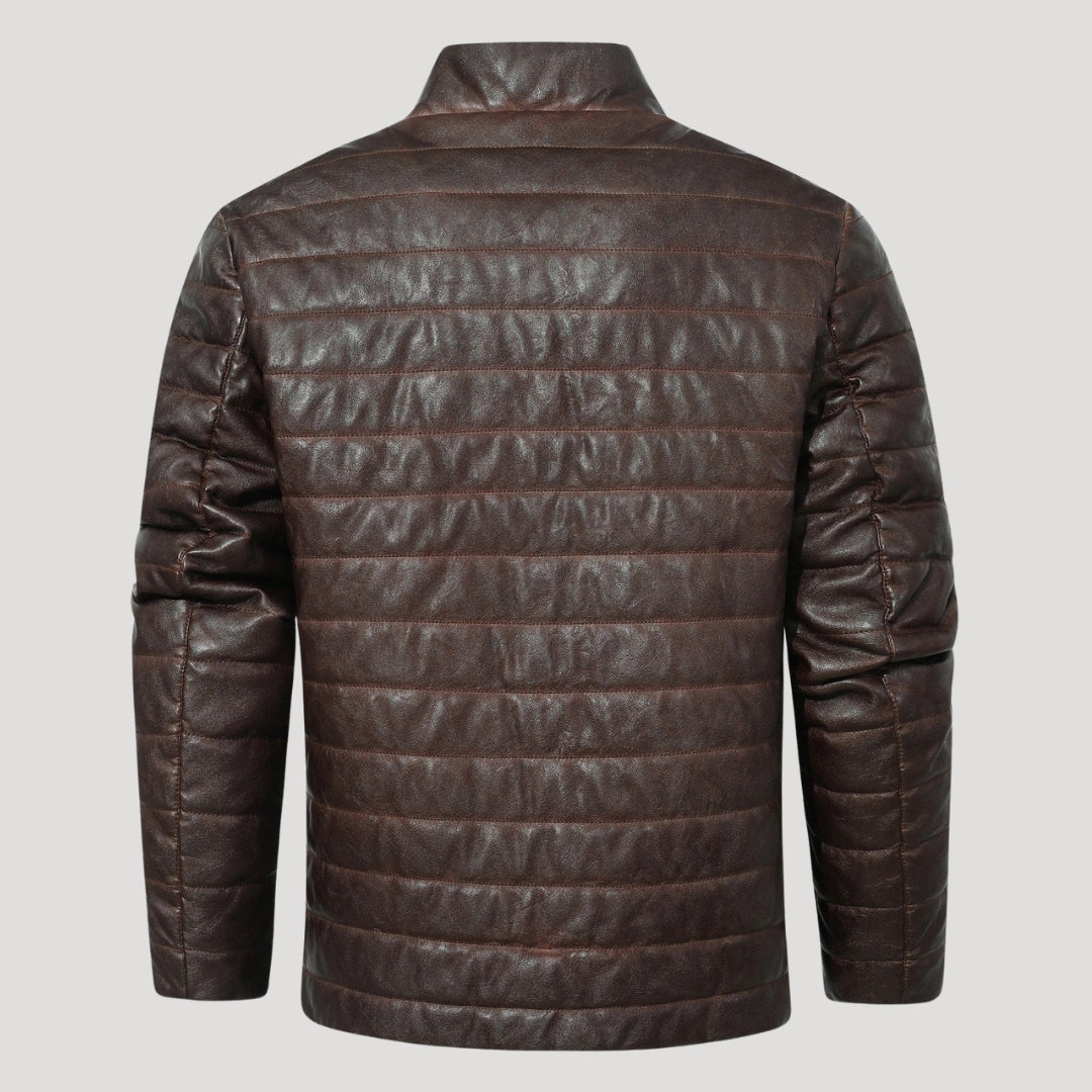 Men’s Brown Quilted Leather Jacket With Stand Collar