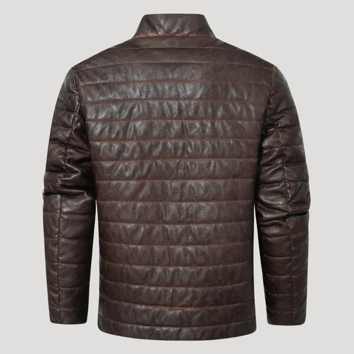 Men’s Brown Quilted Leather Jacket With Stand Collar