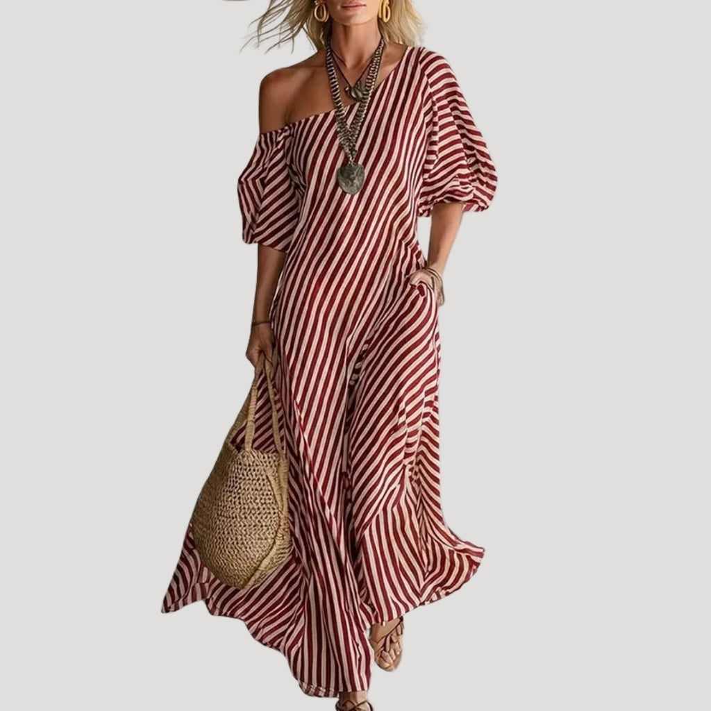 Women’s Maxi Dress Striped One Shoulder Summer Flowy Casual