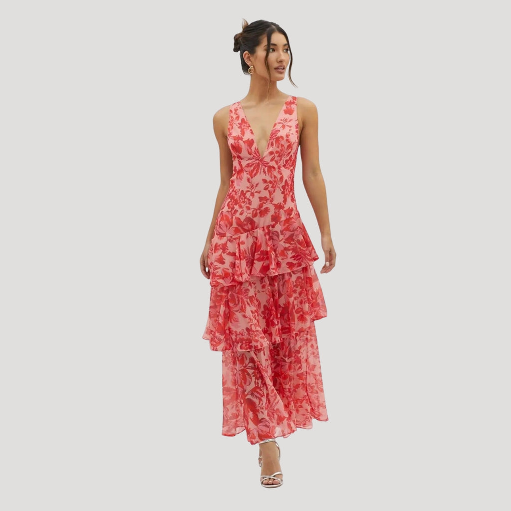 Women’s Summer Dress Floral Maxi Ruffle Tiered V Neck