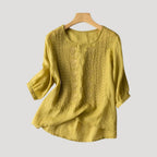 Women’s Embroidered Linen Blouse Relaxed Long Sleeve Top