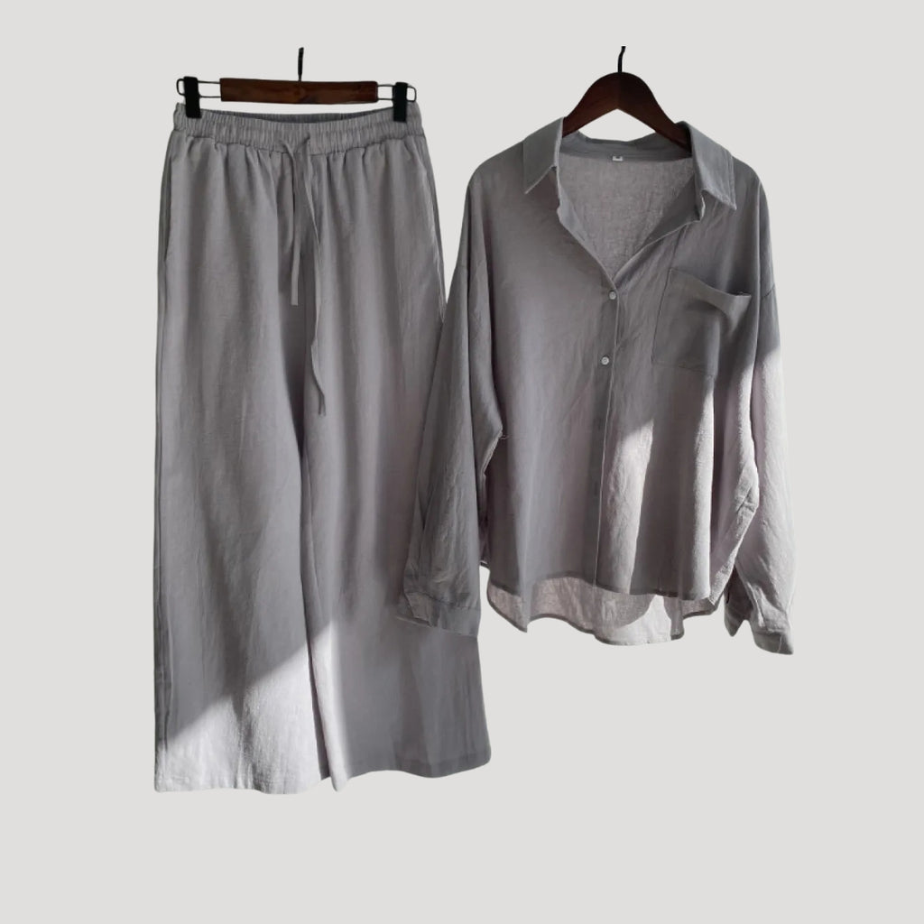 Women’s Linen Shirt Wide Leg Pants Matching Two Piece Set
