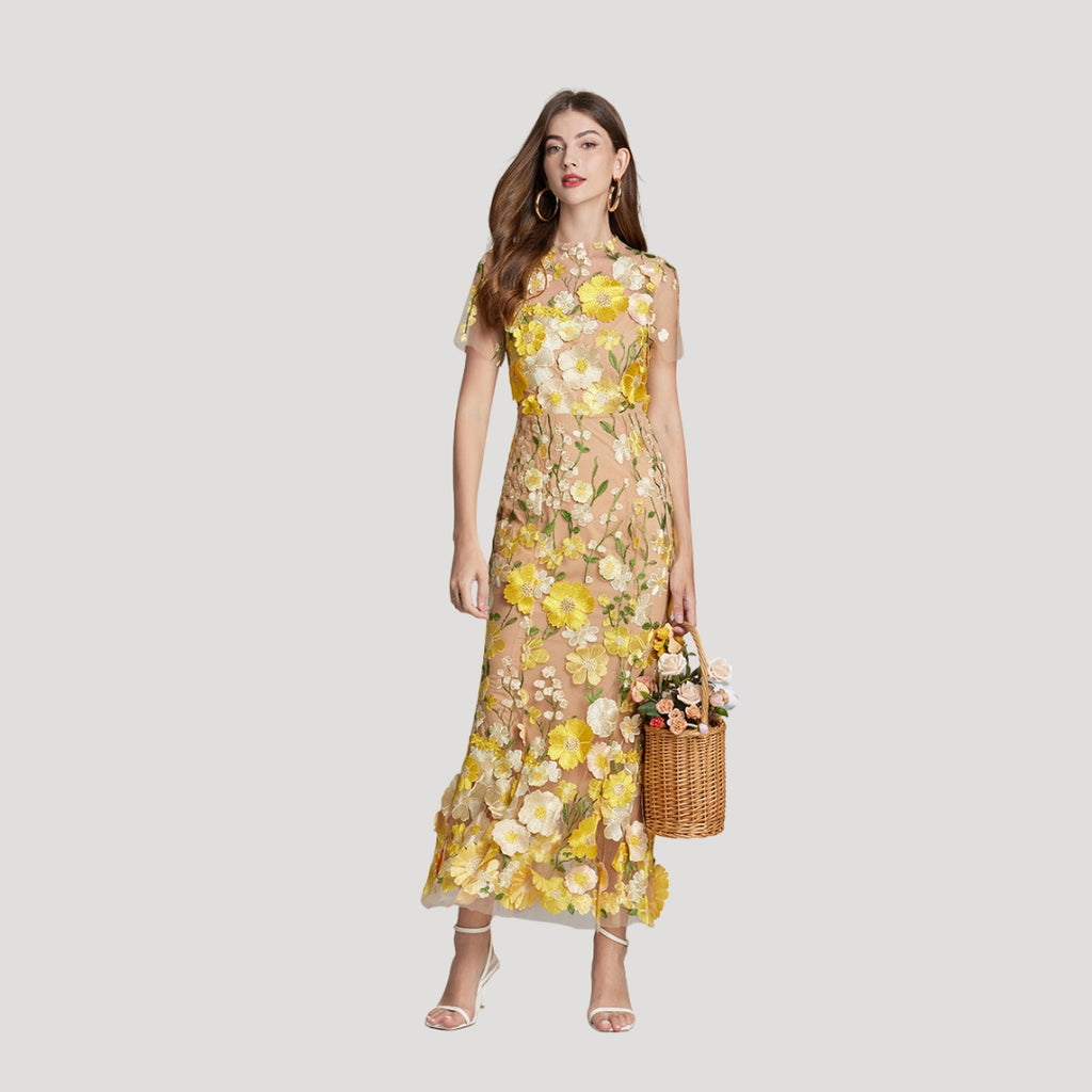 Women’s Summer Dress Floral Midi Sheer Embroidered Bodycon