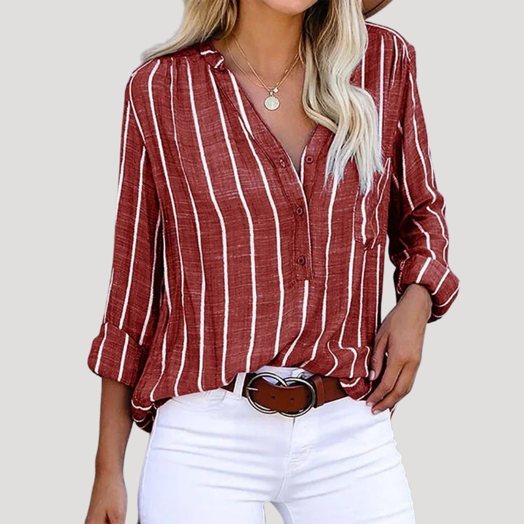 Women’s Striped V Neck Long Sleeve Button Shirt Casual
