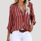 Women’s Striped V Neck Long Sleeve Button Shirt Casual