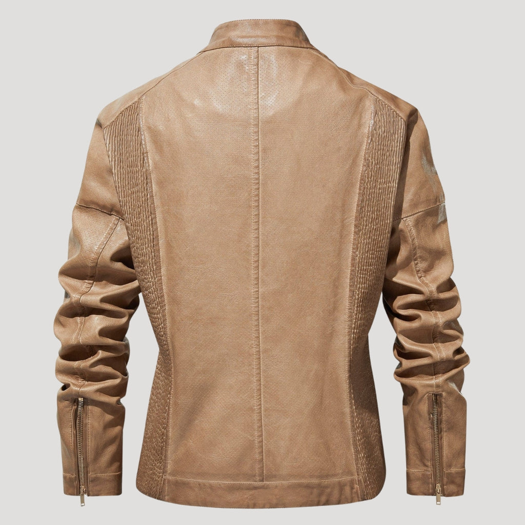 Women’s Leather Moto Jacket Zip Front Tan Casual Outerwear