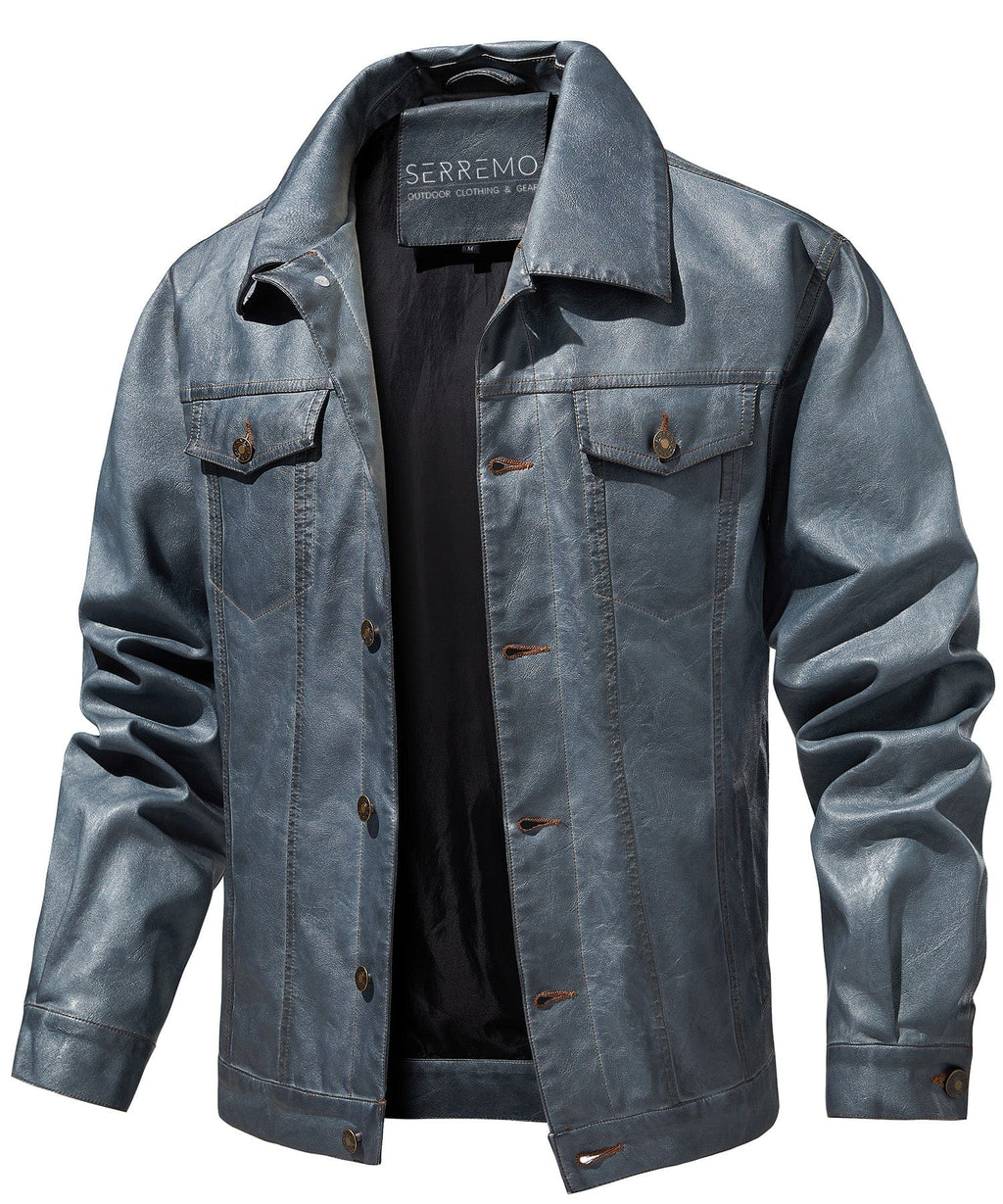 Men’s Leather Trucker Jacket Button Front Collared Outerwear