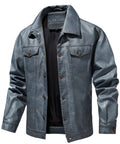 Men’s Leather Trucker Jacket Button Front Collared Outerwear