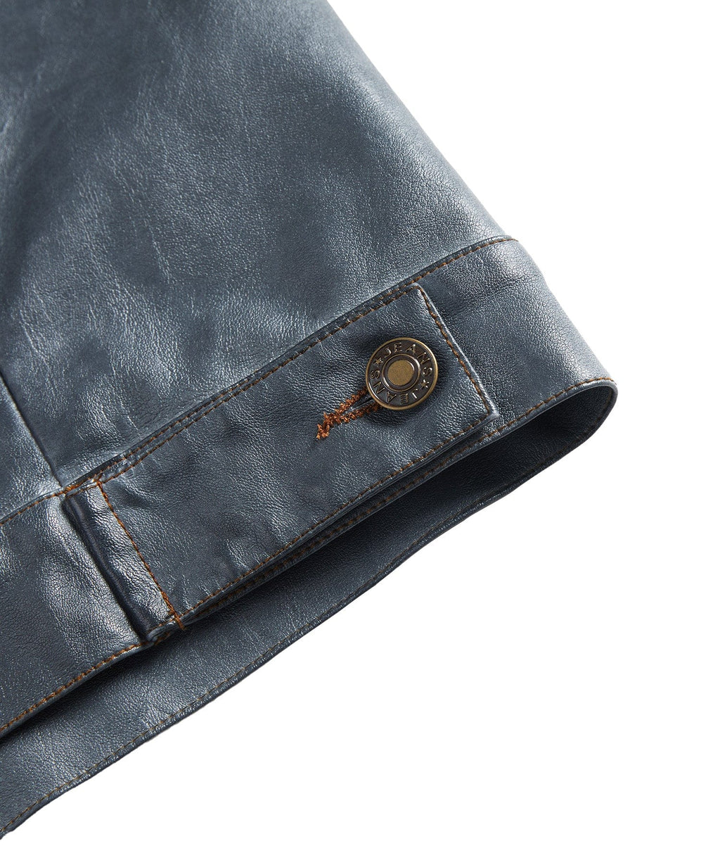 Men’s Leather Trucker Jacket Button Front Collared Outerwear