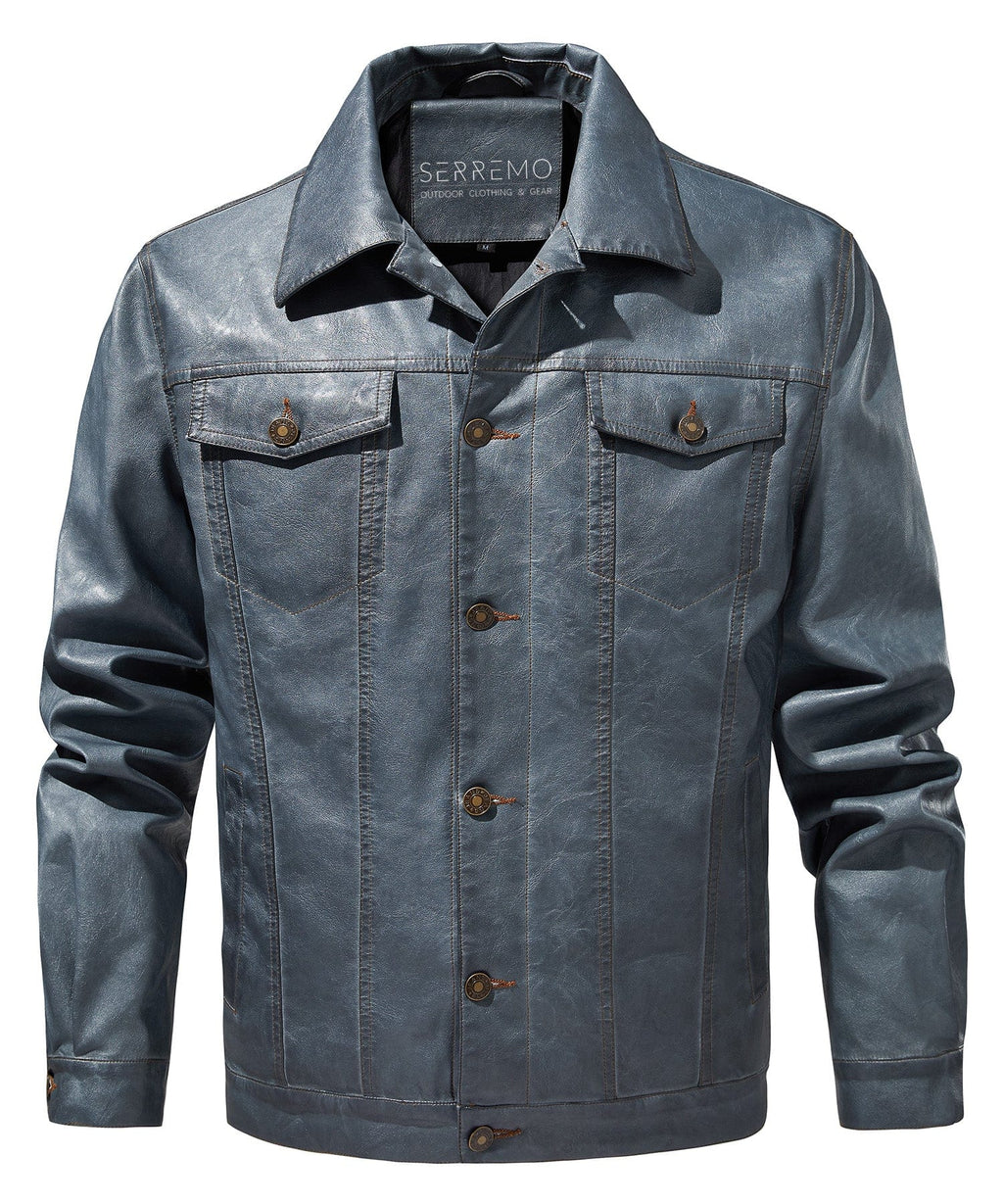 Men’s Leather Trucker Jacket Button Front Collared Outerwear