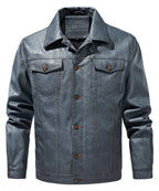 Men’s Leather Trucker Jacket Button Front Collared Outerwear