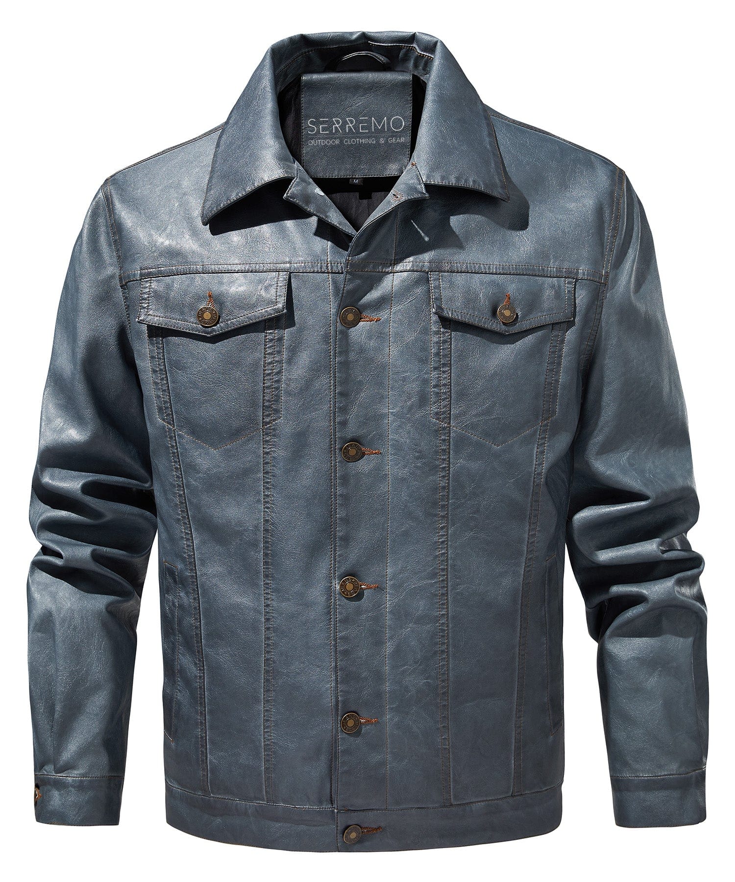 Men’s Leather Trucker Jacket Button Front Collared Outerwear