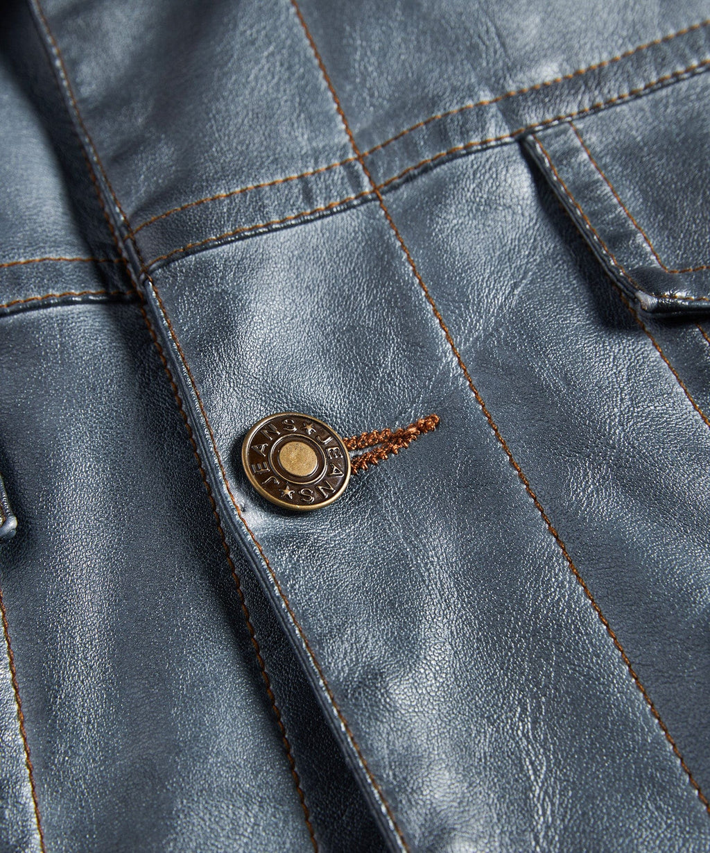 Men’s Leather Trucker Jacket Button Front Collared Outerwear