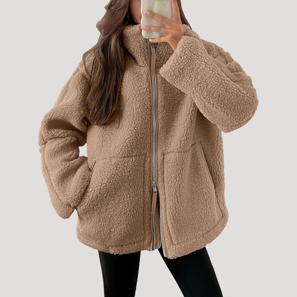 Women’s Teddy Fleece Zip Up Jacket Relaxed Casual Outerwear