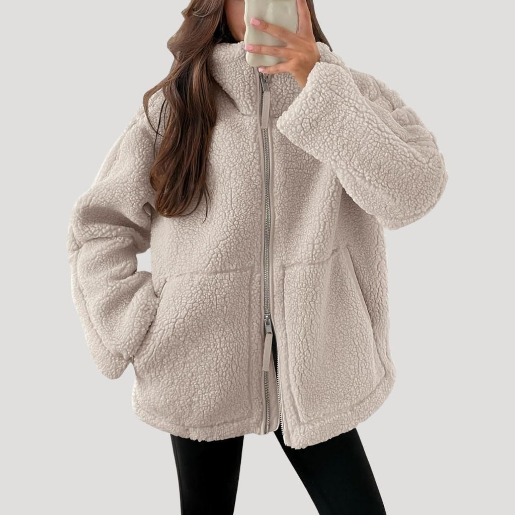 Women’s Teddy Fleece Zip Up Jacket Relaxed Casual Outerwear