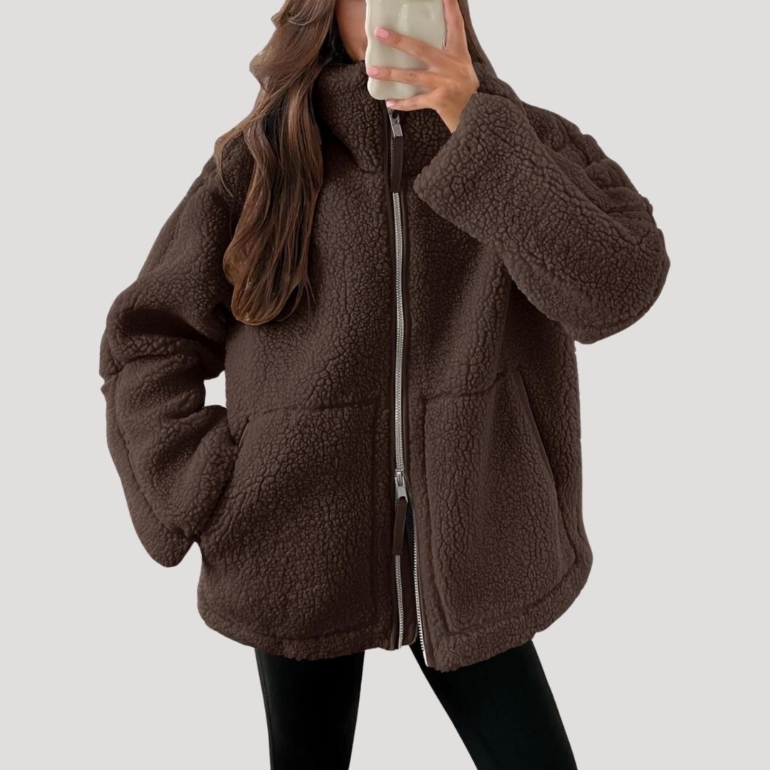 Women’s Teddy Fleece Zip Up Jacket Relaxed Casual Outerwear