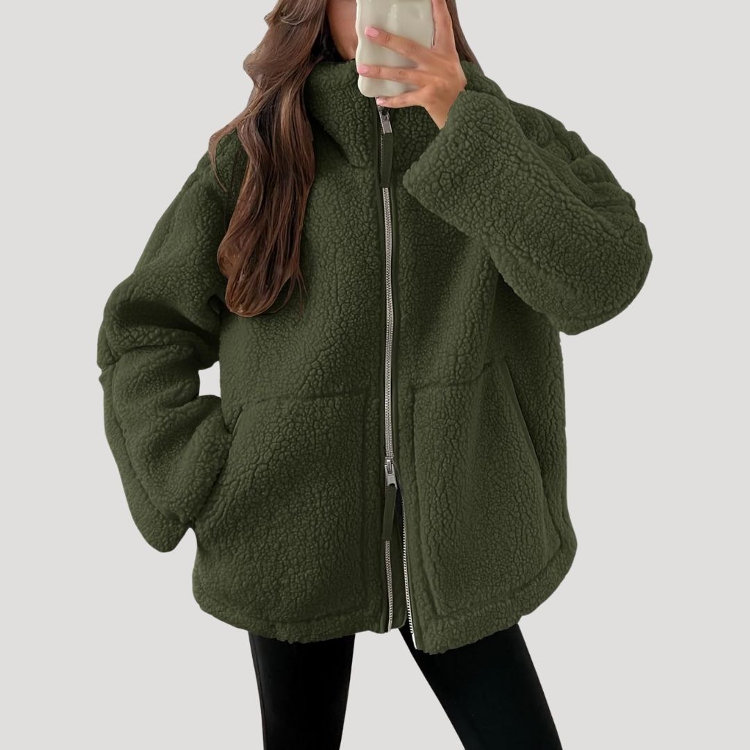 Women’s Teddy Fleece Zip Up Jacket Relaxed Casual Outerwear