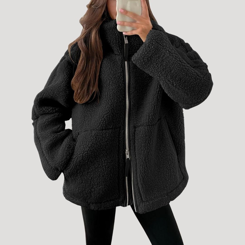 Women’s Teddy Fleece Zip Up Jacket Relaxed Casual Outerwear