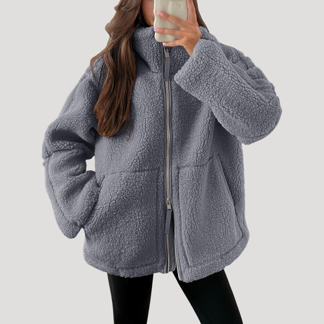 Women’s Teddy Fleece Zip Up Jacket Relaxed Casual Outerwear