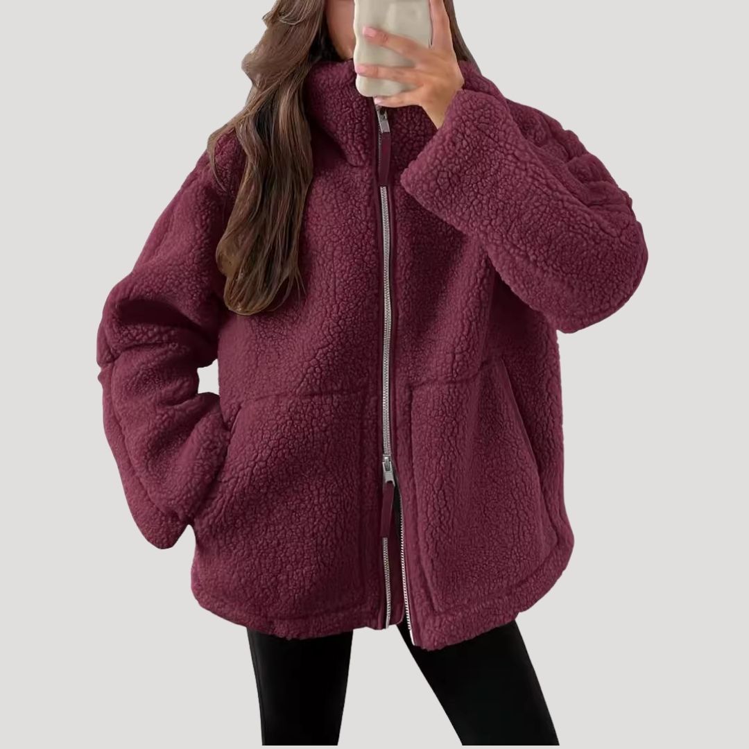 Women’s Teddy Fleece Zip Up Jacket Relaxed Casual Outerwear