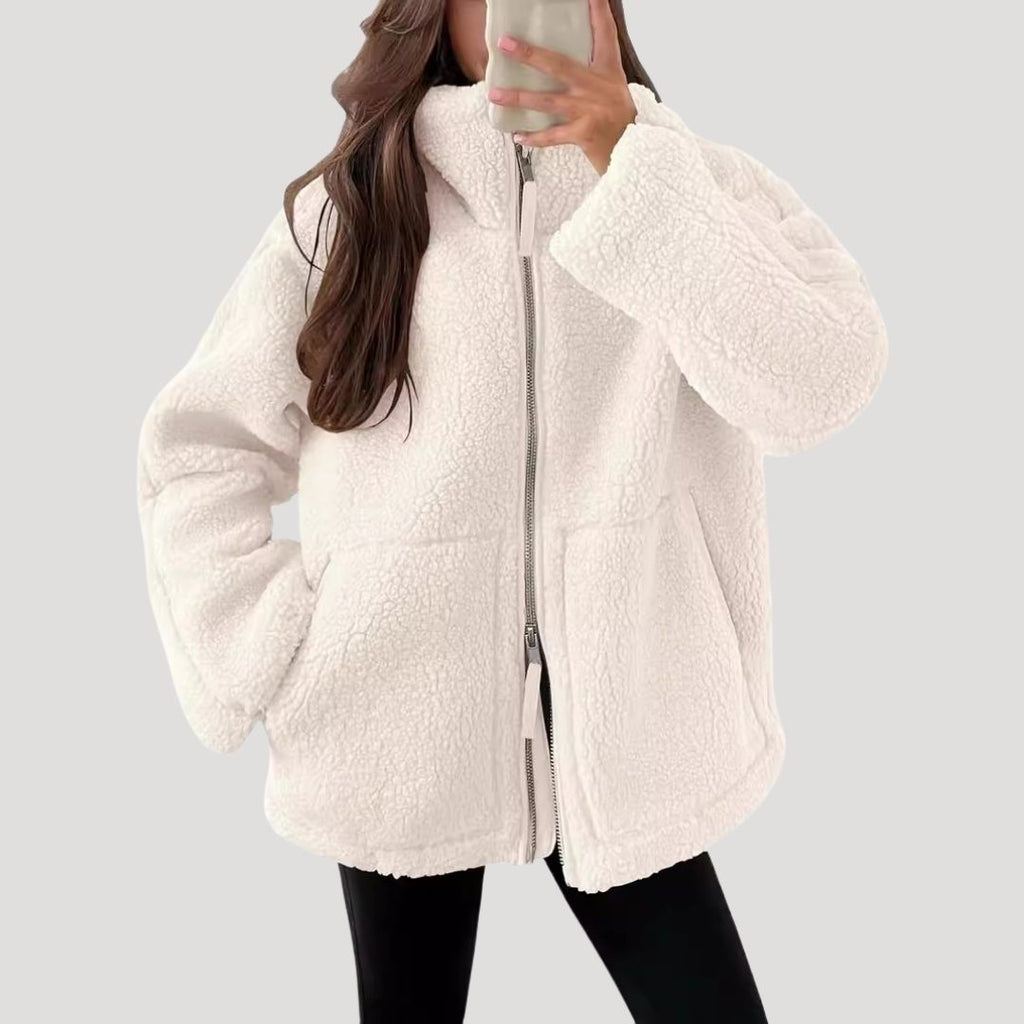 Women’s Teddy Fleece Zip Up Jacket Relaxed Casual Outerwear