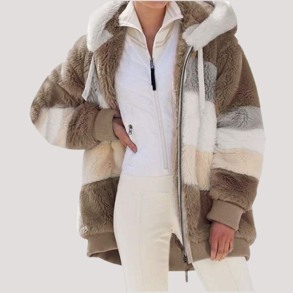 Women’s Oversized Hooded Patchwork Teddy Jacket Casual Coat