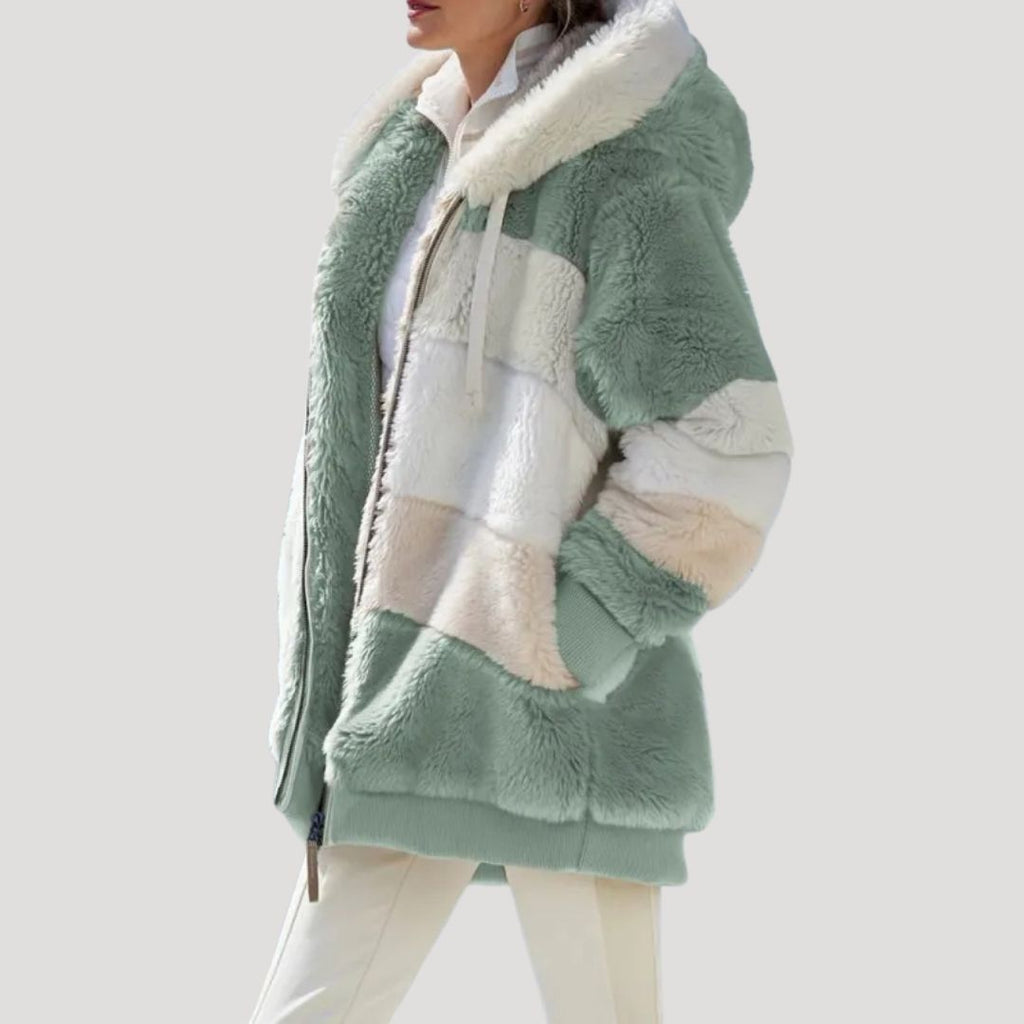 Women’s Oversized Hooded Patchwork Teddy Jacket Casual Coat