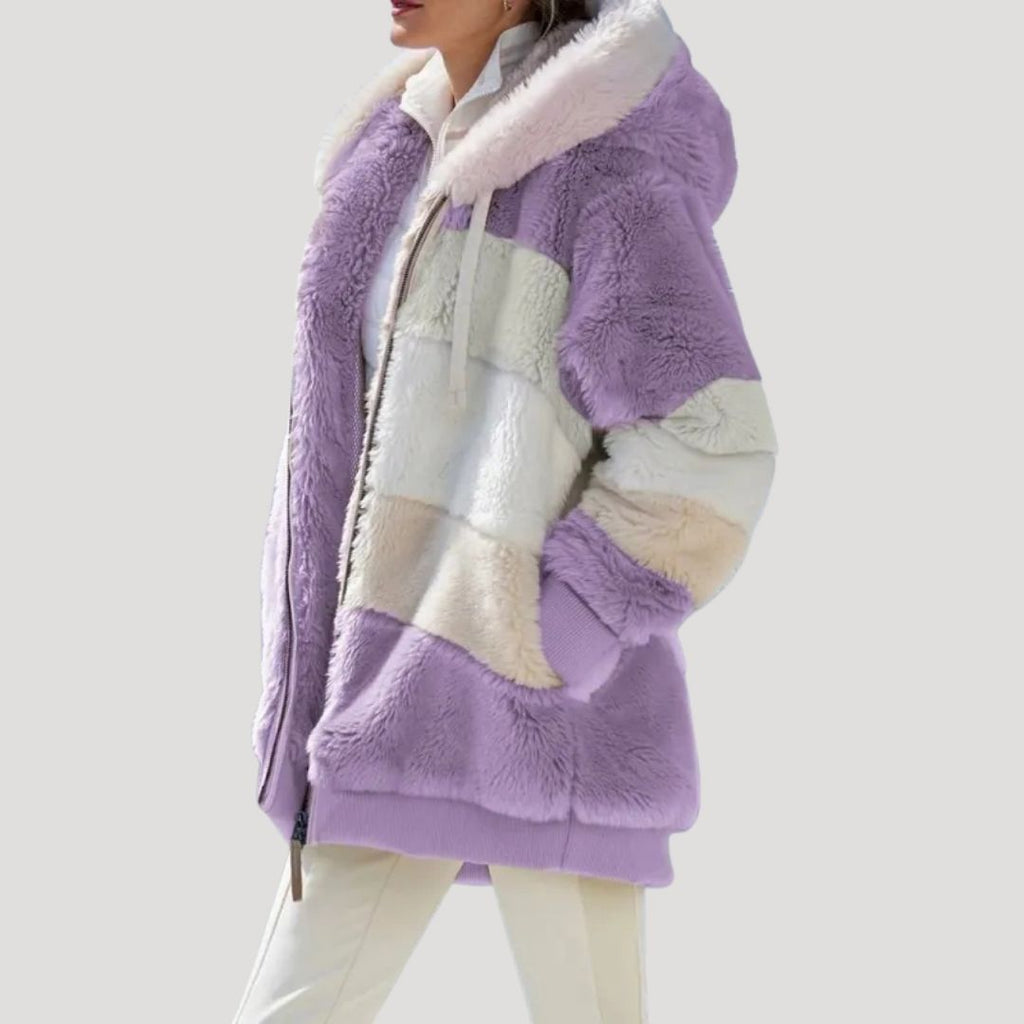 Women’s Oversized Hooded Patchwork Teddy Jacket Casual Coat
