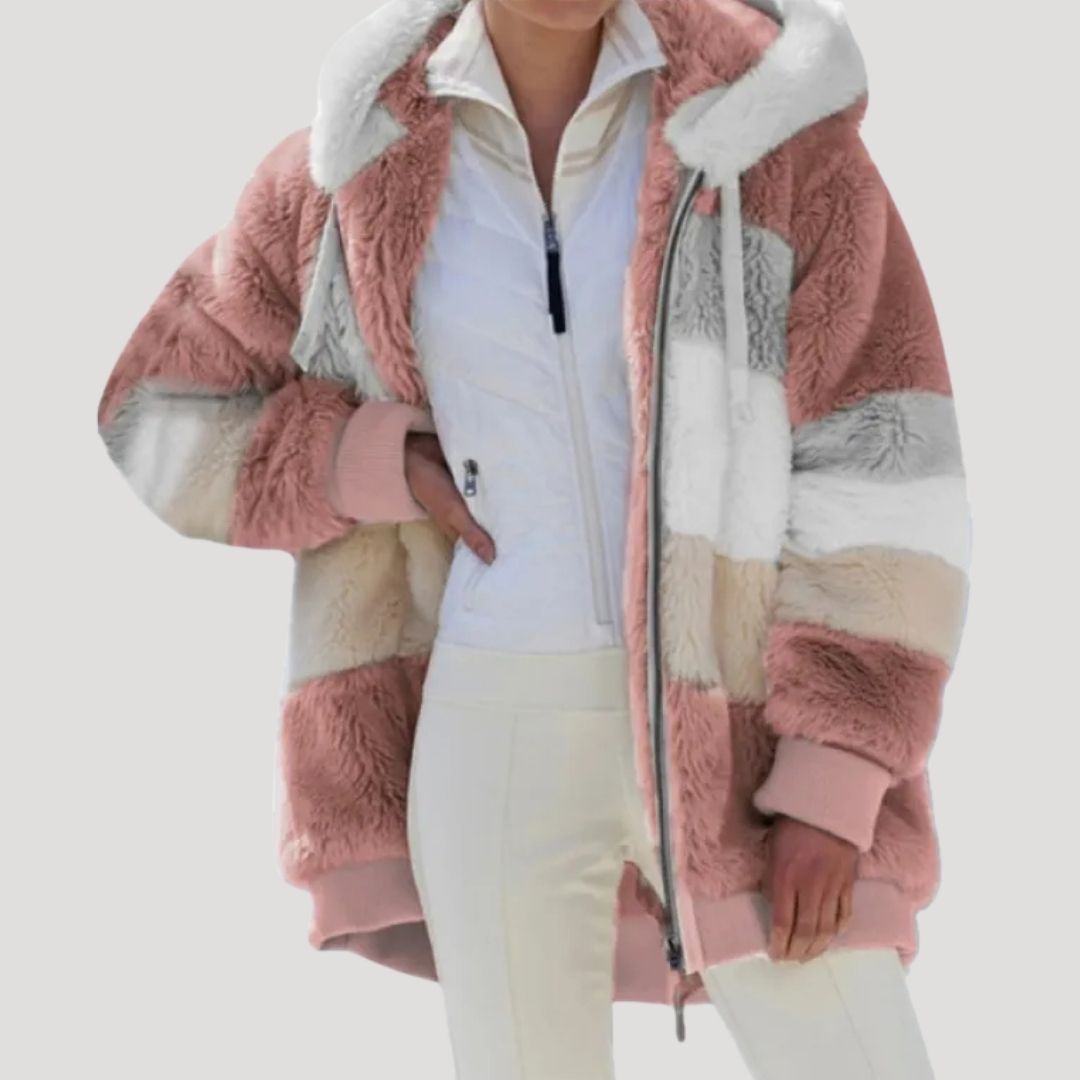 Women’s Oversized Hooded Patchwork Teddy Jacket Casual Coat