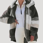 Women’s Oversized Hooded Patchwork Teddy Jacket Casual Coat