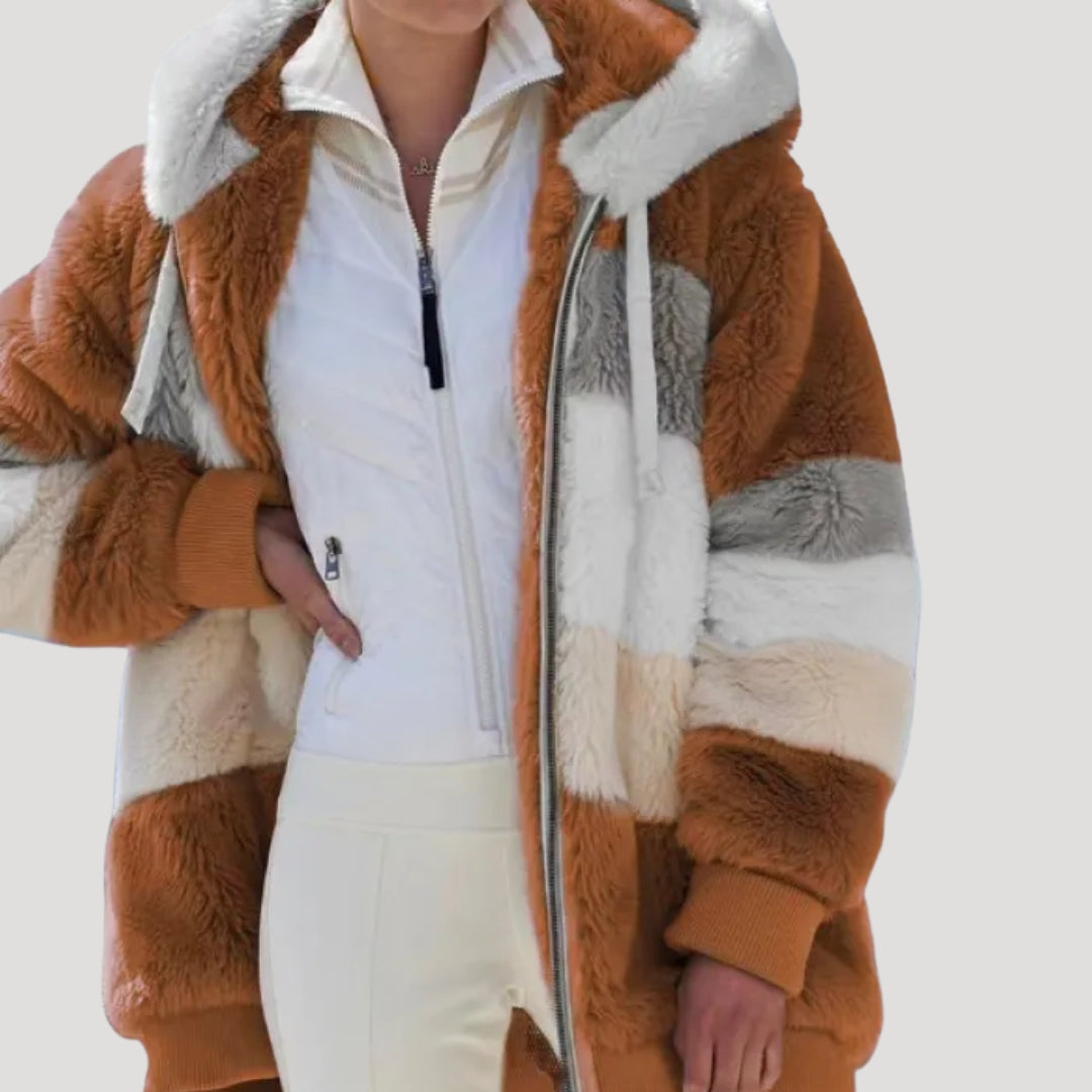 Women’s Oversized Hooded Patchwork Teddy Jacket Casual Coat
