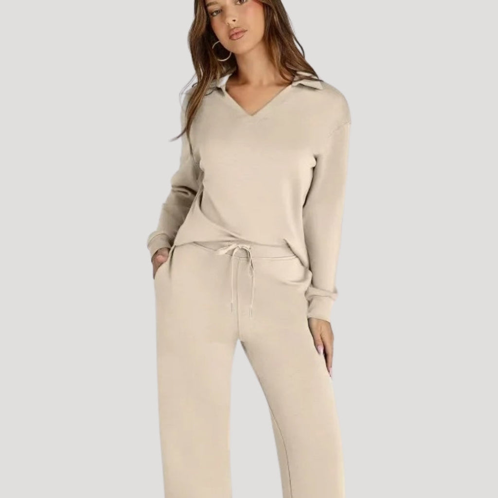 Women’s Knit Lounge Set V Neck Top Wide Leg Pants