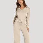 Women’s Knit Lounge Set V Neck Top Wide Leg Pants