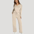 Women’s Knit Lounge Set V Neck Top Wide Leg Pants