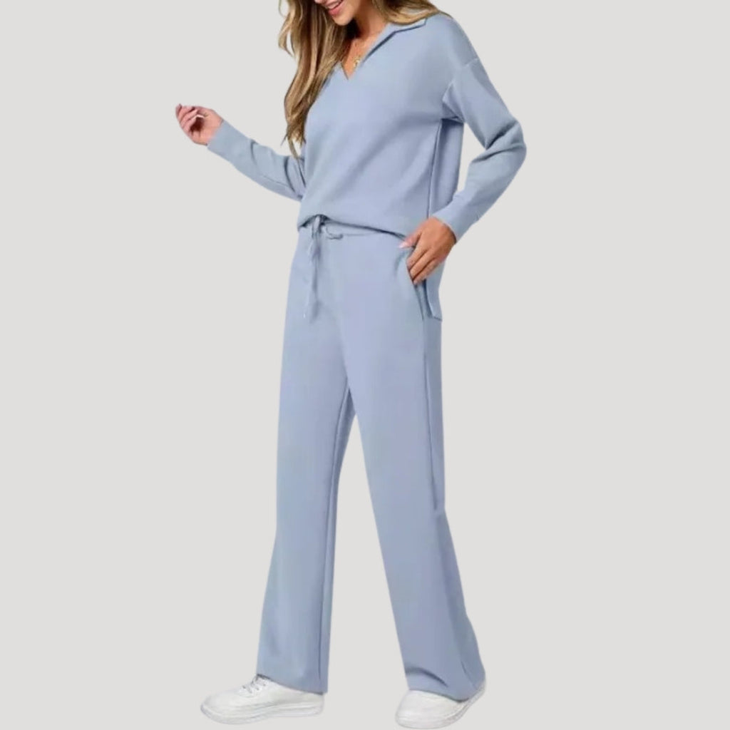 Women’s Knit Lounge Set V Neck Top Wide Leg Pants