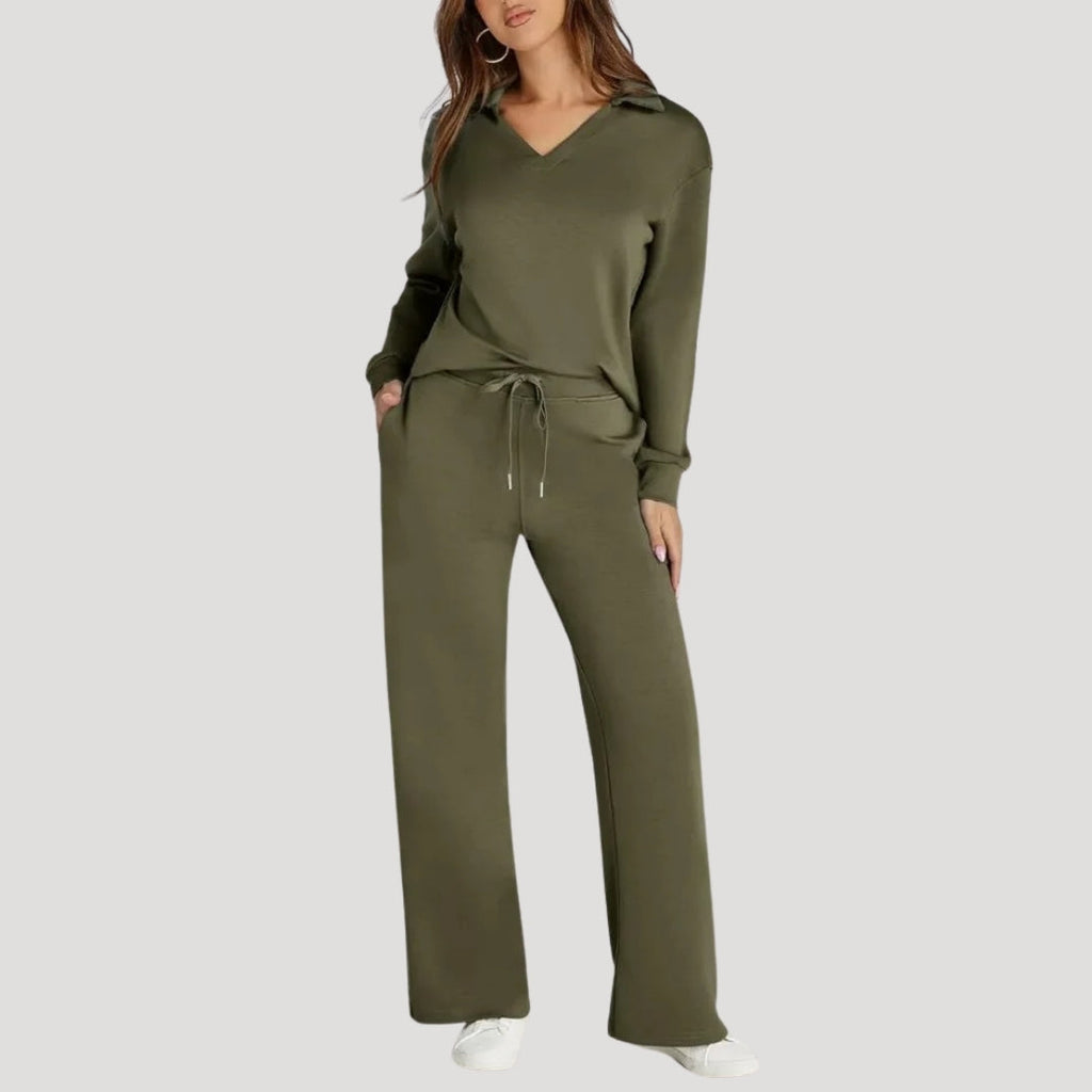 Women’s Knit Lounge Set V Neck Top Wide Leg Pants