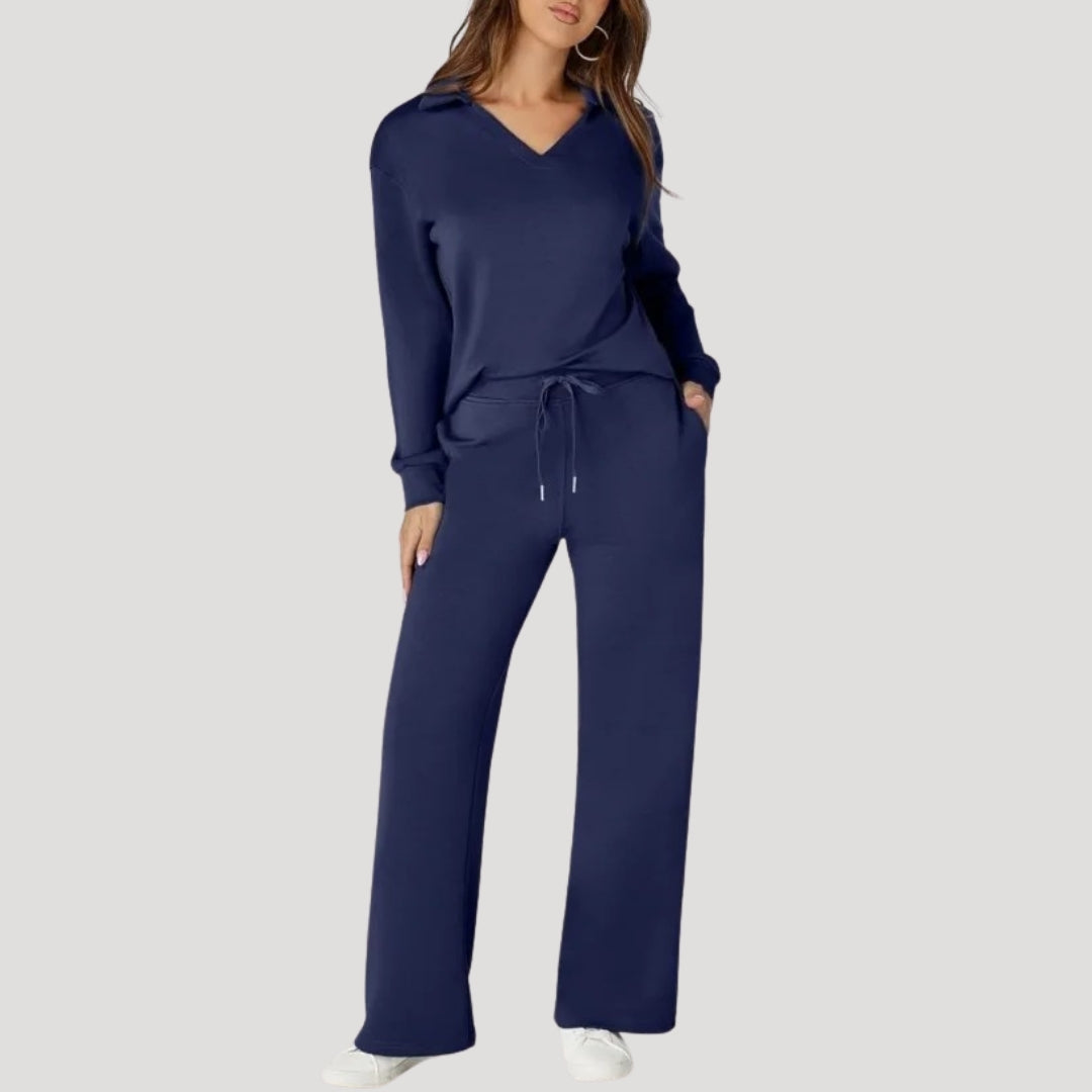 Women’s Knit Lounge Set V Neck Top Wide Leg Pants